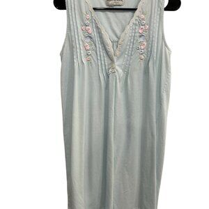 Miss Elaine Soft Blue Floral Embroidered Sleeveless Nightgown Size S Feminine